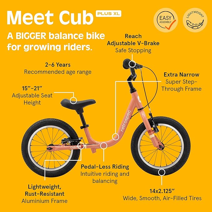 Retrospec Cub Plus XL Kids Balance Bike - 14in Outdoor Toddler Bike with Adjustable Height 15-21in - Lightweight Aluminum Frame & Hand Brakes for Ages 4-6 - Training with Air Tires