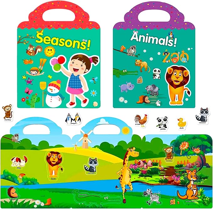 Reusable Sticker Book for Kids, 3 Sets Educational Learning Toys Travel Stickers Activity Books for Toddler Girls Boys Age 3+ Birthday Gifts - Farm, Season & Animals