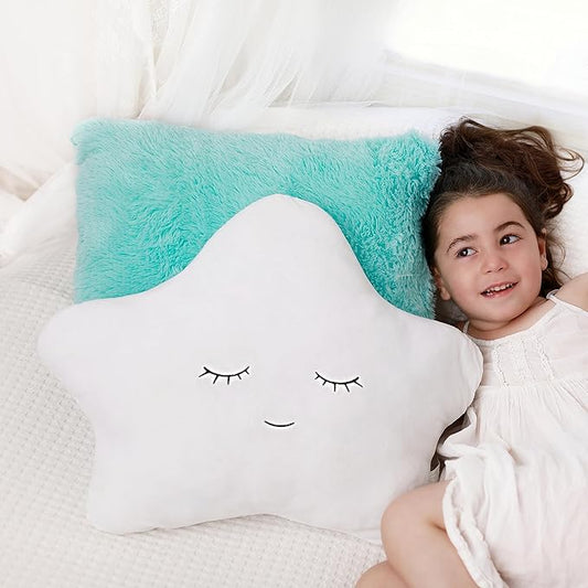 Perfectto Design Set of 2 Kid’s Decorative Pillows for Girls Toddler Room - Fluffy White Star Pillow and Aqua Teal Plush Pillow, Soft Girls Pillows Cute Kid’s Throw Pillows for Bed, Bedroom