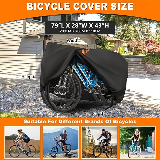 Bike Cover, Bicycle Cover Outdoor Waterproof Storage All Weather Rain Sun Windproof for Mountain Road Bike Electric Bike with Lock Holes & Reflective Strip (1 or 2 Bikes)