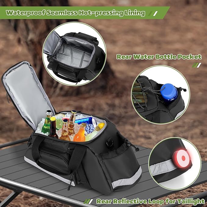 Bike Rear Rack Bag, Pannier Bags for Bicycles with 12L Capacity, Bike Trunk Cooler Bag with Reflective Strips, Reinforced Handle and Removable Shoulder Strap