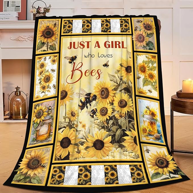 Bee Blanket for Boys Girls, Bee Sunflowers Flannel Throw Blanket, Fleece Soft Cozy Stuff Blankets Gift for Women Men Couch Sofa Bed 60" x 50"