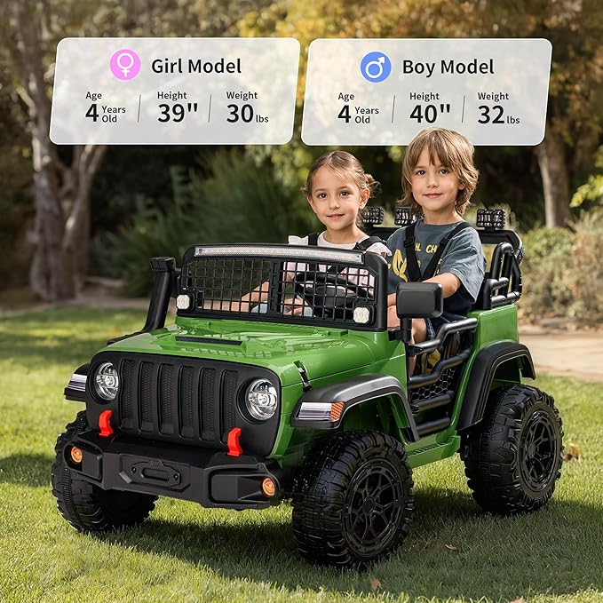 2 Seater Ride on Car Toy, 24V 4WD Electric Car for Kids 4-8 with Remote Control, 4x200W Motors, Capacity 110 lb - Army Green