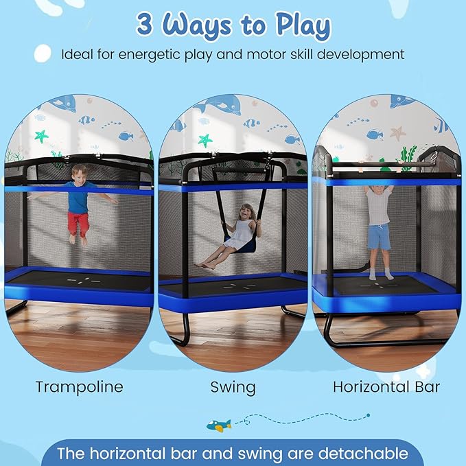 Goplus 6 x 4 FT Rectangle Kids Trampoline, Indoor Outdoor Recreational Trampoline with Swing, Gymnastics Bar & Safety Enclosure Net, ASTM Compliant Gift for Children Boys Girls