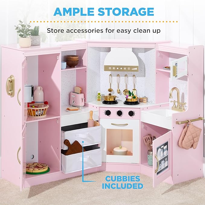 Best Choice Products Pretend Play Corner Kitchen, Ultimate Interactive Wooden Kids Playset w/Lights & Sounds, Ice Maker, Hood - Bevel Pink