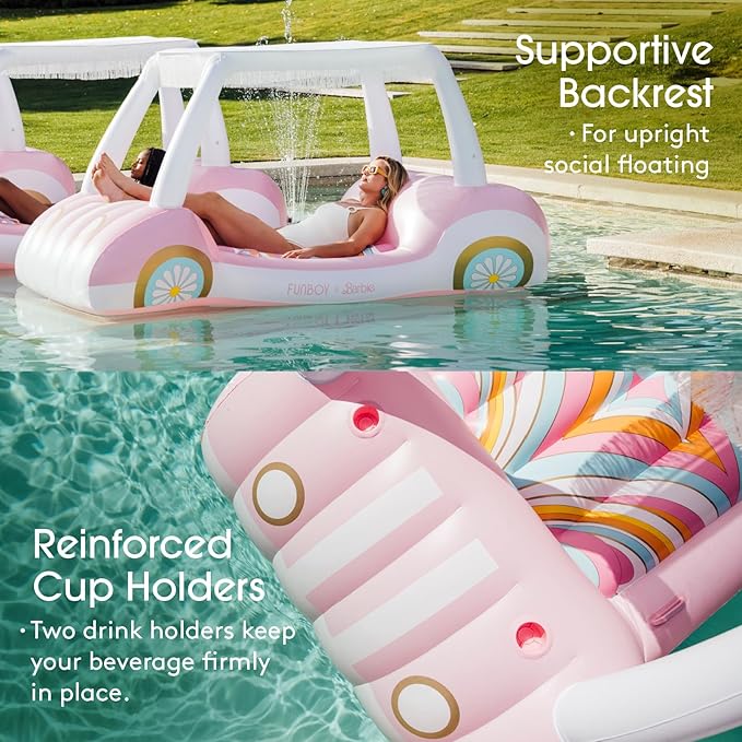 FUNBOY & Malibu Barbie Luxury Inflatable Golf Cart Summer Pool Float - Land or Water Inflatable with Cup Holder