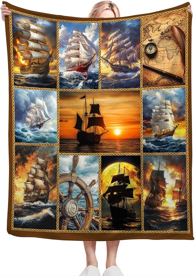 Nautical Throw Blanket Ultra Soft Cozy Navigation Sailboat Blanket Fleece Fuzzy Plush Nautical Lovers Decor Gifts for Women Girls Adults Couch Sofa 60"x50"