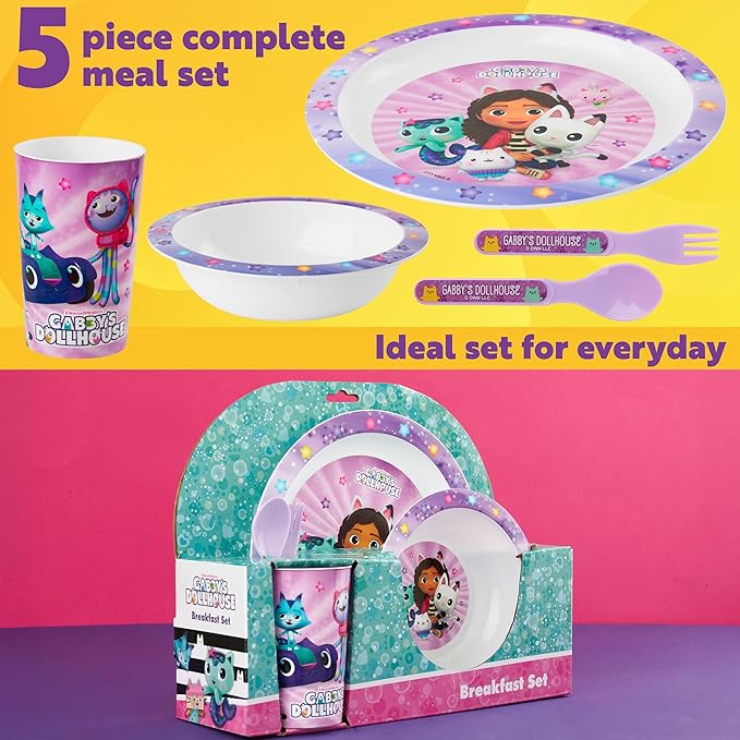 Get Trend Gabby's Dollhouse Dinnerware Sets for Kids, 5 Pc Tableware, Plate, Bowl, Cup, Spoon, Fork, Plates and Bowls Set, Gifts for Kids (Multi Gabby's Dollhouse)