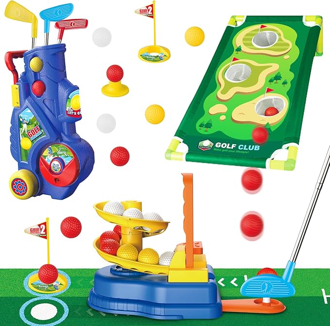 Toddler Golf Clubs Set for Ages 3 4 5 6 7 Years Old, 2 in 1 Kids Golf Clubs Toy with Golf Cart, Ball Launcher, 20 Balls, Golf Board, Putting Mat - Indoor Outdoor Mini Golf Set Sport Toys