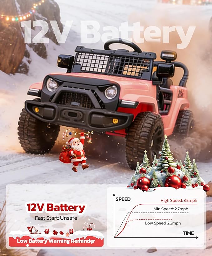 ELEMARA 12V Ride on Toys, Electric Vehicles for Kids w/3 Speeds, 3.5 mph Max, Ride on Car with Remote Control, Motorized Truck, Toddler Electric Car w/Bluetooth, LED Lights,Shock Absorbers-Light Pink