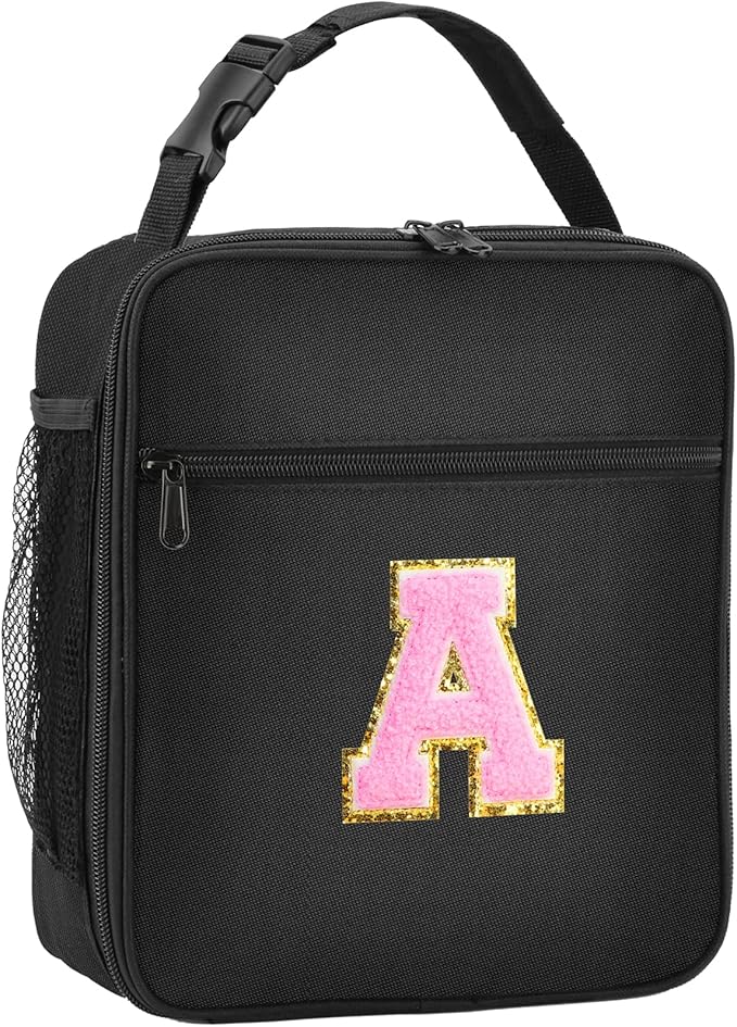 Initial Insulated Lunch Bag, Lunch Box with Initial Letter Patch for Teen Adult, Reusable Lunch Bag for Men Women, Ideal Back to School Gift Back to School Gift Birthday Gift, Pink A