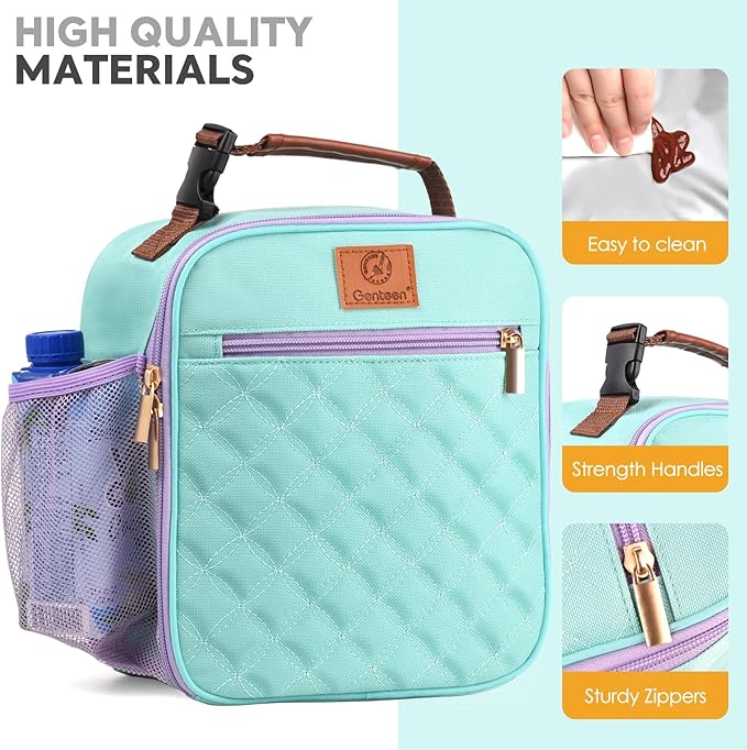 Genteen Lunch Box Reusable Lunch Bag for Men Women Kids Adults,Insulated Lunch Bag Waterproof LunchBox Cooler,Small LunchBox With Side Pockets for Work Office School Travel Picnic-Light Green
