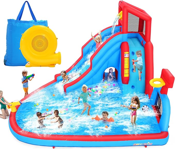 ROOJER Inflatable Water Slide for Kids Backyard 9-in-1 Blow Up Water Park with 470W Blower, Dump Bucket, Adventure Play Tunnel, Splash Pool, Climbing Wall, Cannon, Goal Shooting Zone, Basketball Hoop