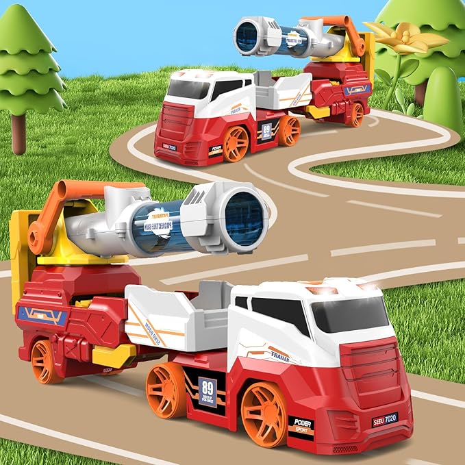 Dwi Dowellin Truck Toys for Kids, 28" Large Car Toys Include 4 Racing Cars+6 Ball, with Light & Sounds, Eejection&Shooting Transport Cars Toy, Gifts for Boys Girls-RED