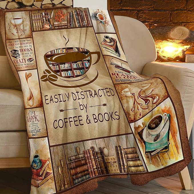 Book Lovers Gifts Blanket Flannel Fleece Reading Librarian Coffee Throw Blanket Cozy Plush Ultra Soft Fuzzy Reader Bookworm Graduation Blankets for Girls Women Boys Men 80"X60"