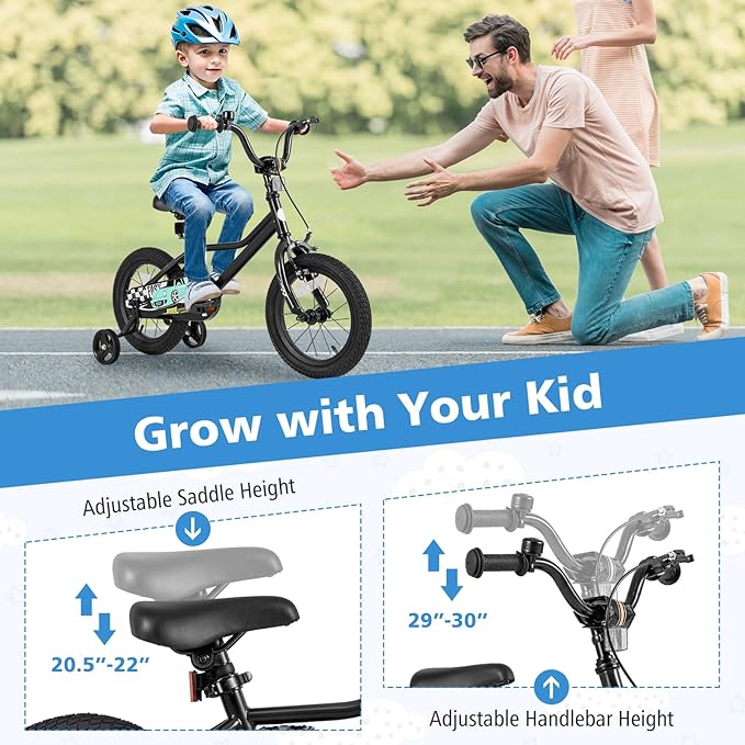 BABY JOY Kids Bike, 12 14 16 18 Inches Car Pattern Sporty Bicycle w/Removable Training Wheels, Hand & Coaster Brakes, Adjustable Seat & Handlebar, Girls Boys Bike