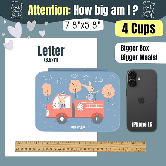 Kids Lunch Box with Compartments – Compact & Lightweight | Leak-Proof, BPA-Free, Dishwasher & Microwave Safe | Hand-Drawn Design for Preschool, School, Travel (Firetruck Bunnies Blue, 4 Cups)