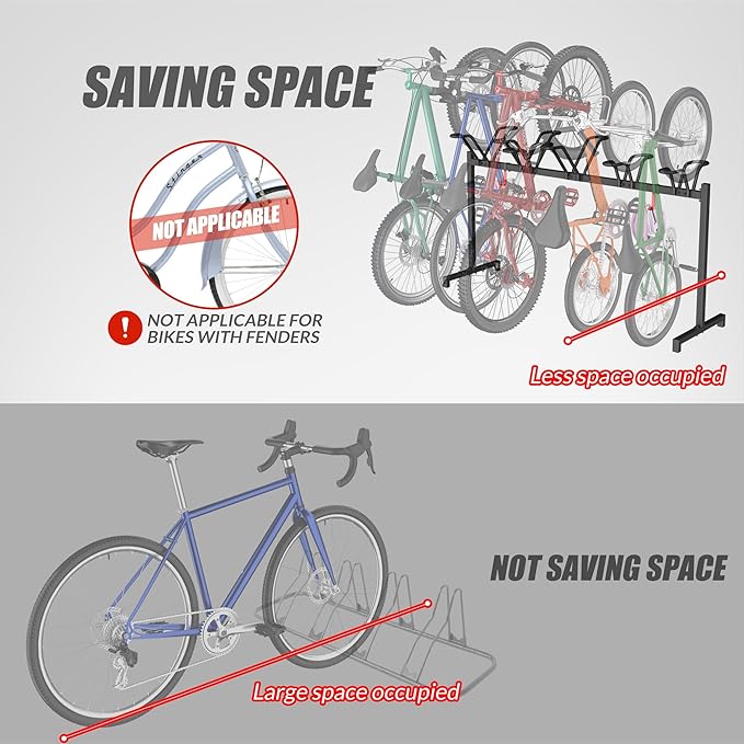 5 Bikes Floor Stand, Adjustable Bicycle Parking Rack with Hook for Garage, Indoor, Outdoor, Free Combination Bike Storage Cycle Rack for Mountain, Road and Kids Bikes, Max Tire Width 2.5”