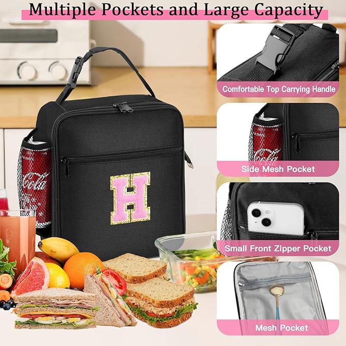 Initial Insulated Lunch Bag, Lunch Box with Initial Letter Patch for Teen Adult, Reusable Lunch Bag for Men Women, Ideal Back to School Gift Birthday Gift, Pink H