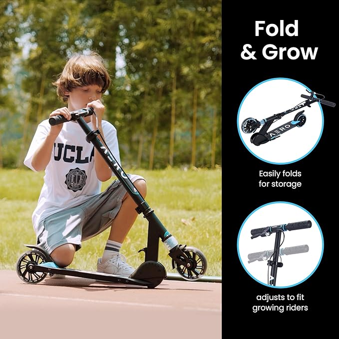 Aero Scooter for Kids 5-12 | Dynamic Lights, Hand Brake & Shock Absorption | Boys Girls 2 Wheels Kick Scooter | Foldable & Height Adjustable