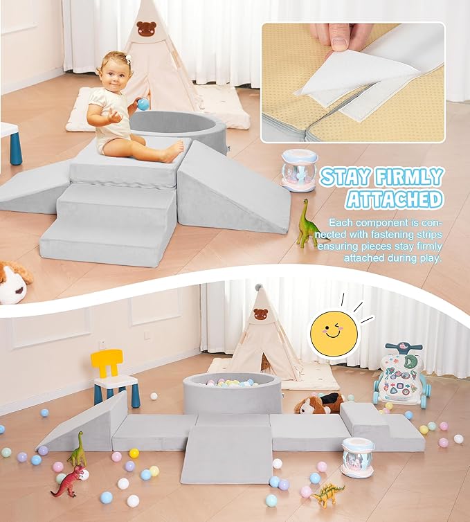 Foam Climbing Blocks with Ball Pit & Stairs for Toddlers Aged 1-3 -Soft Playset for Indoor Crawling, Foam Playground Set for Baby to Active Playing Inside -(Balls NOT Included),Grey
