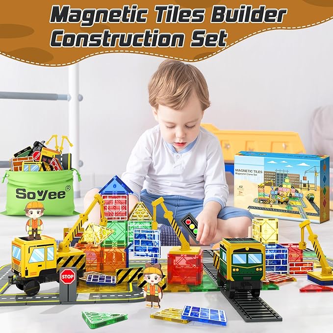 Soyee Magnetic Tiles Magnetic Construction Toys with 2 Cranes Boys Toys for Ages 3-5 5-7 Magnet Building Blocks Chritmas Gifts Boys Sensory Autism Montessori Toys Gift for 3+ Year Old