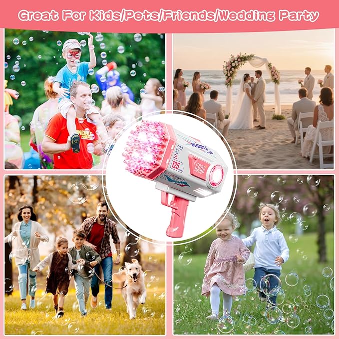 BOMOCO Bubble Gun,125 Holes Bubble Machine Bubbles for Kids Age 3-12,Bubble Blaster Gun with Bubble Solution Summer Outdoor Bubble Toys Birthday Wedding Halloween Party Favors Gifts Bubble Maker,Pink
