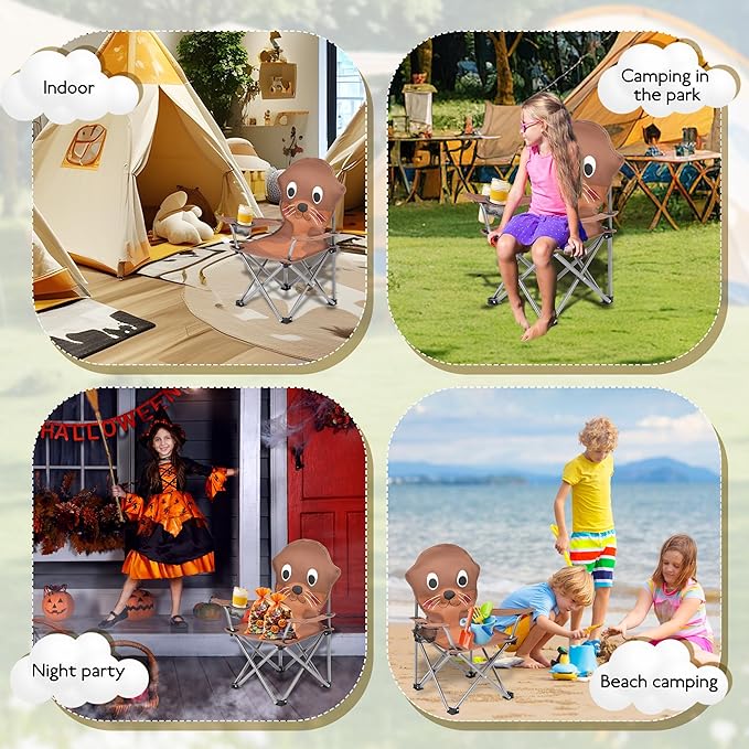 XMT Kids Folding Chair with Cup Holder - Portable Lightweight Outdoor & Indoor Chair for Children Ages 3-9, Anti-Slip Base, Sturdy Metal Frame, Compact Foldable Design with Carry Bag (Yellow/Brown)