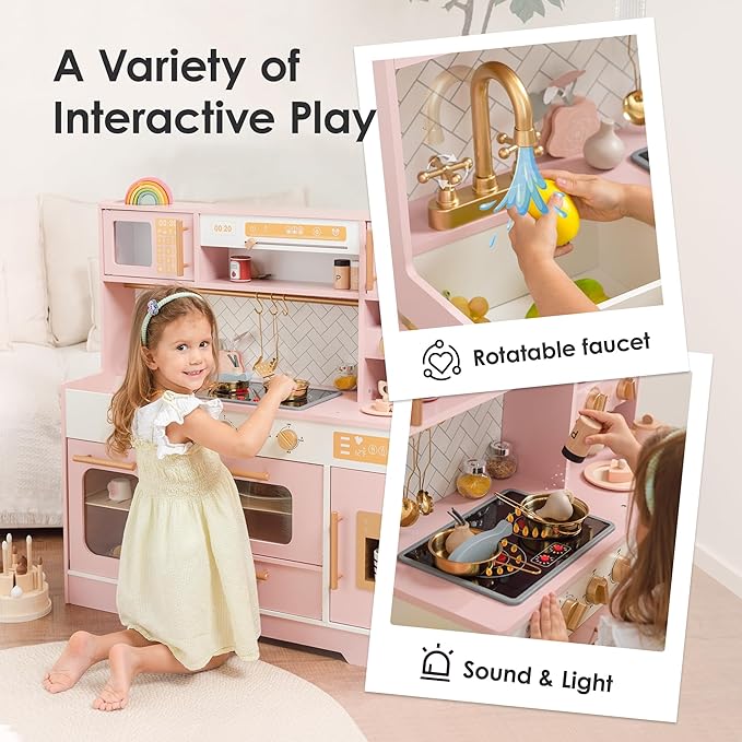 Pink Wooden Play Kitchen for Kids– Realistic Appliances, Storage & 15 Fun Accessories for Inspiring Pretend Play (Ages 3+)