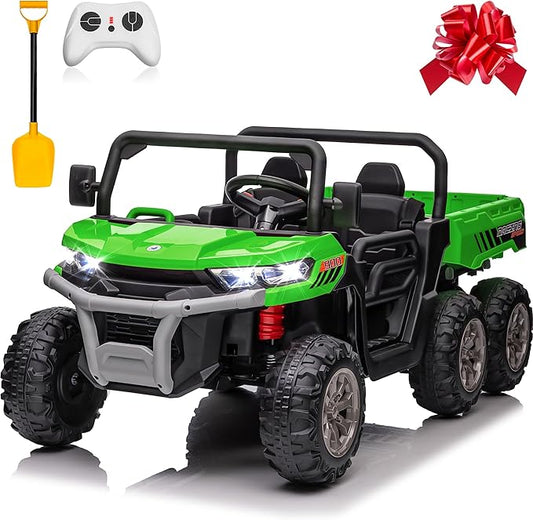 24V Ride on Dump Truck, XL 2 Seater Ride on Cars with Remote Control, 4x200W Powerful Motors, 6-Wheel Suspensions, Electric Dump Bed, Shovel, Kids UTV for Boy Girl,Pure Green