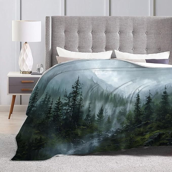 Forest Blanket Misty Mountain Tree Throw Blanket Cozy Plush Fleece Flannel Green Nature Blankets Landscape Party Gifts for Girls Boys Women Men 80"X60"