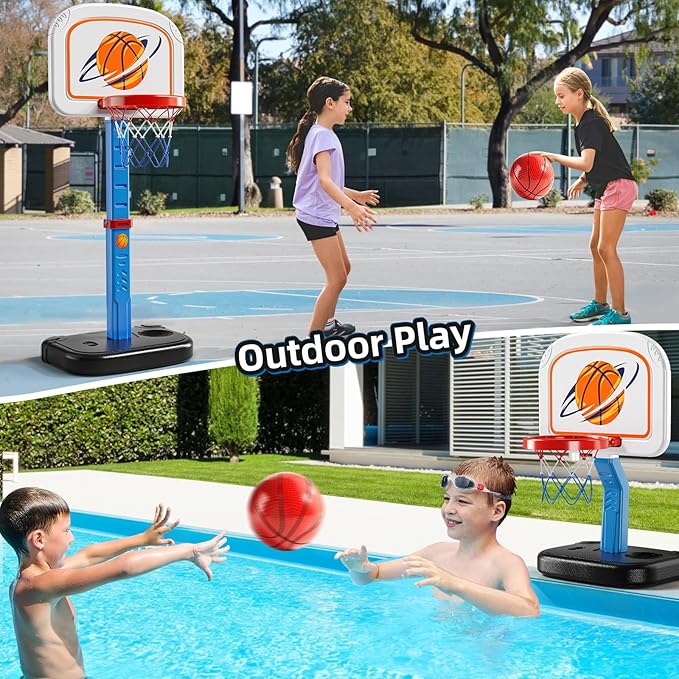 Swimming Pool Basketball Hoop, Adjustable Height Toddler Basketball Hoop, Includes 4 Balls and Pump, Poolside Water Basketball Indoor & Outdoor Toy for Boys Girls Kids Age 3-8