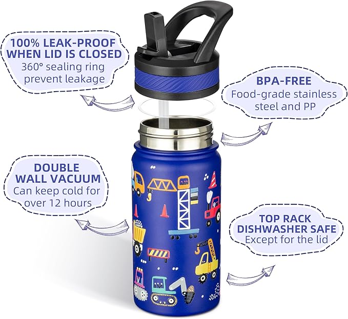 Fanhaw 14 Oz Kids Insulated Water Bottle with Straw - Stainless Steel Double Wall Vacuum Cup, Leakproof, BPA Free, Suitable for Boys and Girls(Blue - Under Construction)