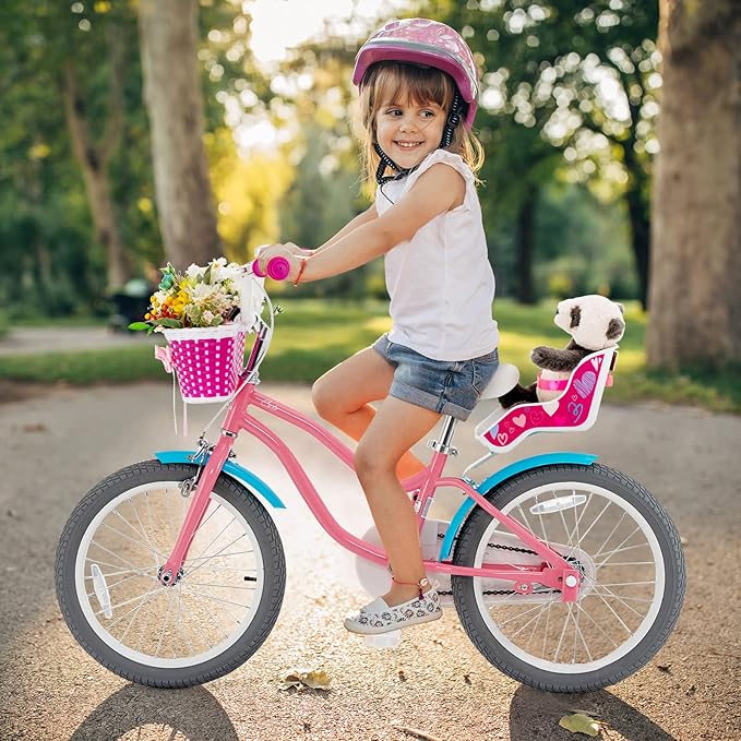 BABY JOY Kids Bike, 12 14 16 18 Inch Children Bicycle w/Detachable Training Wheels, Storage Basket, Adjustable Seat & Handlebar, Bow or Streamer, Girls Bike for 3-8 Years Old