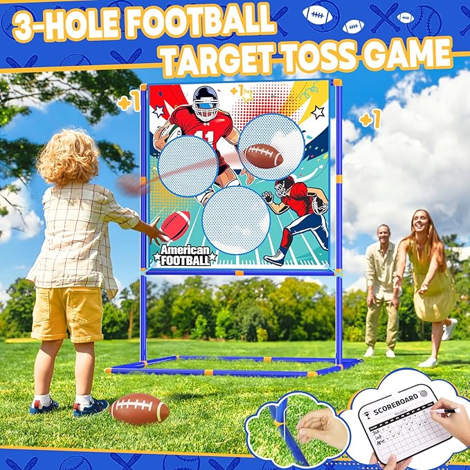 2-in-1 Football & Baseball Toss Target Games for Kids 4-8 8-12, 3-Hole Double-Sided Strike Zone with T Ball Set and Ball Launcher for Toddlers, Indoor Outdoor Toys Backyard Sport Gifts for Boys