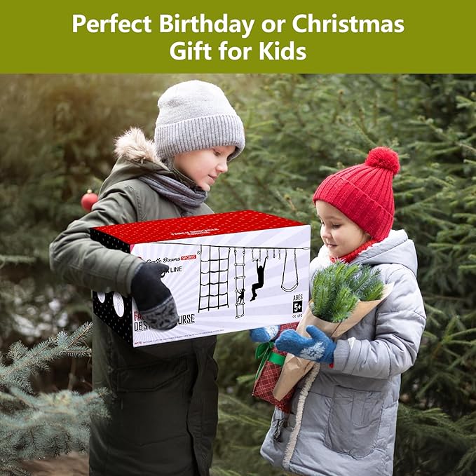 2X65FT Ninja Warrior Obstacle Course for Kids - Ninja Slackline with 14 Obstacles - Ninja Course for Kids with Swing, Ladder,Monkey Bar,Arm Trainer, Climbing Rope