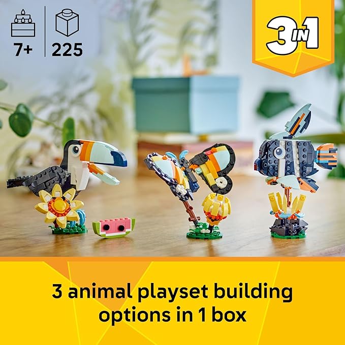 LEGO Creator 3 in 1 Wild Animals: Tropical Toucan Building Toy for Kids- Jungle Building Blocks & Learning Toy for Girls & Boys, Ages 7+ - Build 3 Animal Toys in 1 Set - Gift for Birthdays - 31173