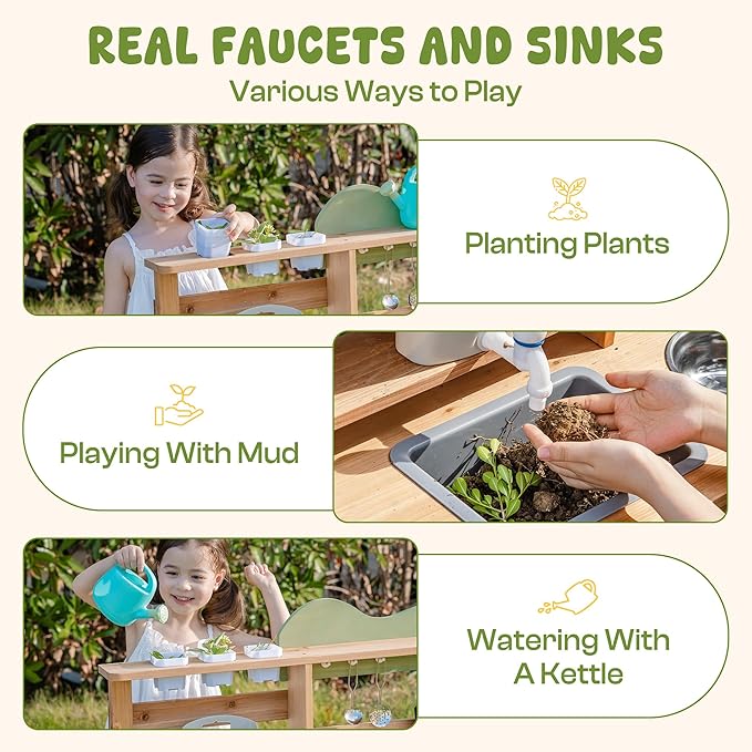 ROBUD Outdoor Play Kitchen for Kids, Wooden Kids Mud Kitchen Set with Removable Sink, Planting Cup, Oven, Chalkboard, Utensils & Storage, Green Outdoor Playset for Ages 3+