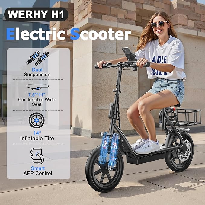 WERHY Electric Scooter, 500W Motor, 14'' Tires, Top Speed 22 mph, Max 27/49 Miles Ranges, Foldable E-Scooter with Suspension, Digital Display, Cruise Control,Rear Seat Box/Basket