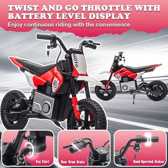 Electric Motorcycle for Kids Ages 5-10, 24V 200W Higher Speed Electric Dirt Bike, Kids Ride On Motorcycle with Rear Wheel Shock Absorber, LED Breath Light, Bluetooth, Music, Horn, Red