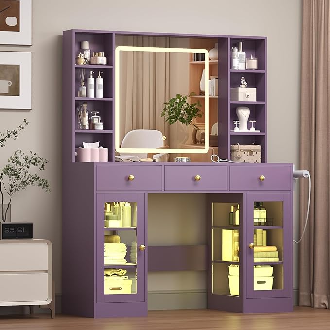 Vanity Desk with Mirror and Lights, White Makeup Vanity with Glass Top & Drawers, 3 Lighting Modes, Power Outlet, RGB Glass Cabinets, Modern Dressing Table for Women, Girls, Teens