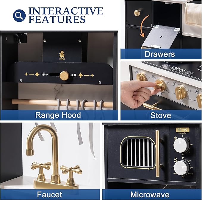 ROBUD Wooden Play Kitchen Set for Kids and Toddlers with Coffee Machine, Ice Maker, Microwave, Oven, Large Cabinet, 12 Accessories, Gift for 3+, Black
