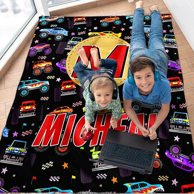 Boys Blankets, Personalized Truck Blanket with Initial Monogram for Kids Toddlers, Cute Car Throws Blanket Gift, Soft Cozy Flannel Throw for Sofa Bed Couch Decor