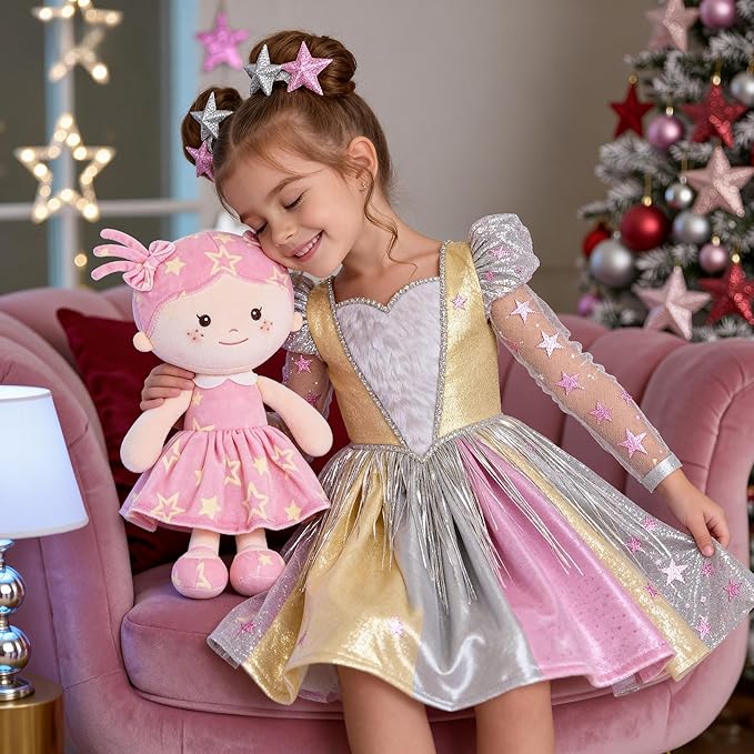 Onetoo First Baby Doll Plush Baby Girls Dolls Rag Doll Soft Baby Doll for Girls Sleeping Cuddle Buddy Doll Wear Star Pink Sleeveless Dress 14"