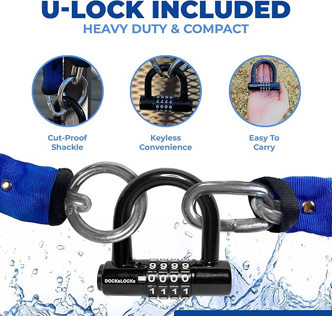 8mm Security Chain Lock Set (3', 6' or 10') Heavy Duty, Cinch Style, Weatherproof, Hardened Carbon Steel, Includes Compact U-Lock 3ft