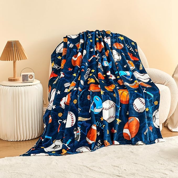 Wajade Sports Blanket for Boys,Soft Fleece 3D Soccer Basketball Baseball Football Kids Blanket for Couch Sofa Bedroom, Fuzzy Ball Throws for Kids Boys Teens,60"x80"