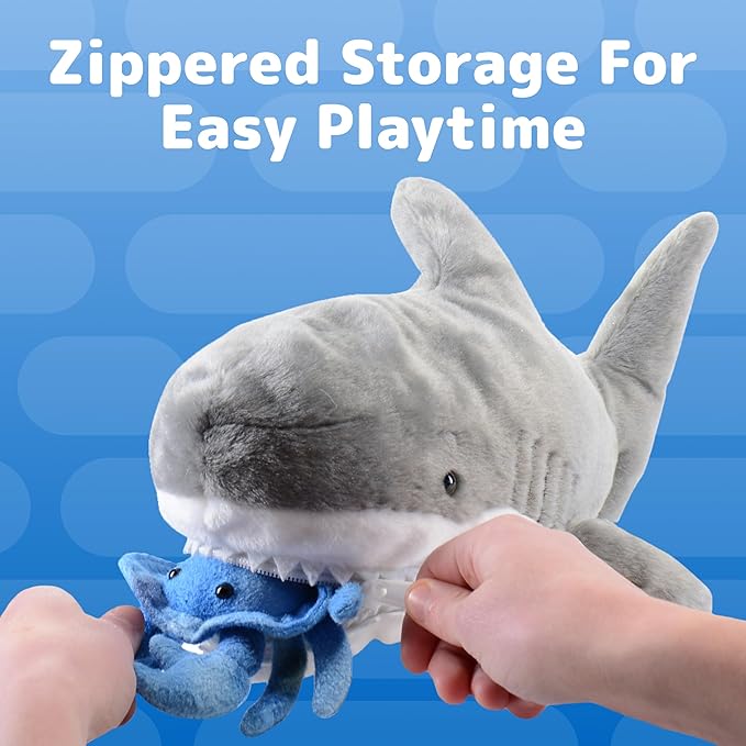 PREXTEX Plush Toy Shark Stuffed Animal with 5 Sea Animals - Shark Plush Toy with Turtle, Whale, Octopus, Stingray, Crab - Giant Stuffed Animals for Kids Aged 3 and Up - Fun Gift for Sea Animal Lovers