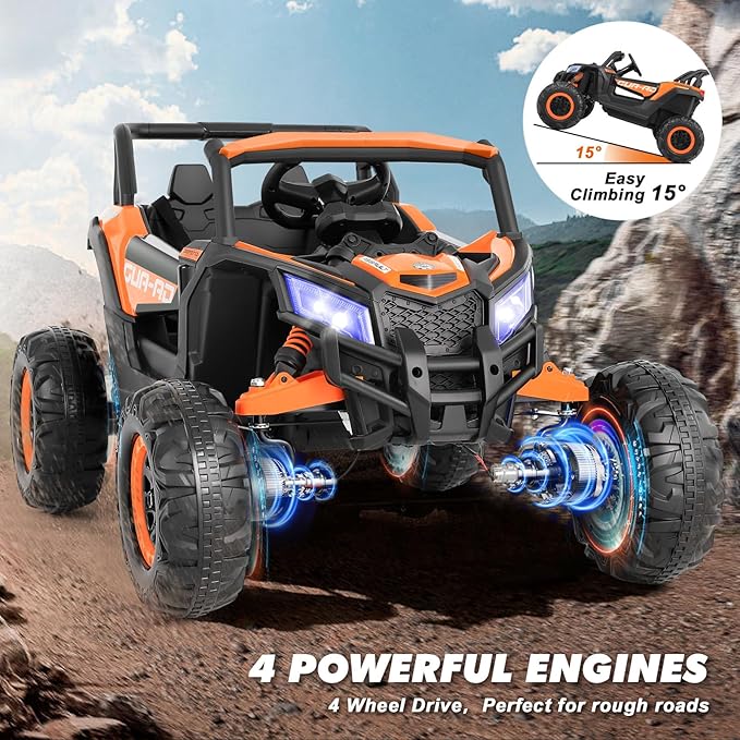 JOYLDIAS 4WD Ride On Car, 12V Battery Powered Electric Off-Road UTV for Kids, 4X4 Electric Vehicle with 4 Powerful Engines, 2.4G Remote Control, Music, Bluetooth, LED Lights for Boys and Girls, Orange