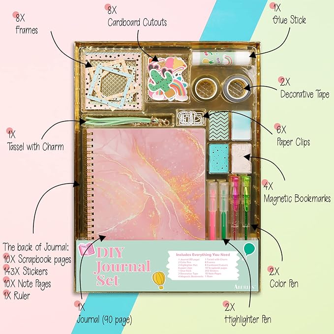 Gifts for Girls Age of 8 9 10 11 12 13 Years Old and Up, DIY Journal Set, Personalized Diary Stuff for Tweens Teens, Decorate Your Planner/Organizer, Journaling Arts Craft Kit. Ideal Toy Age 6-8