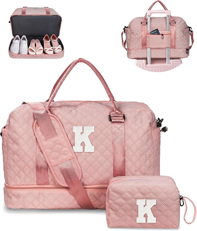 Christmas Gifts-Retirement Gift for Woman-Duffle Bag with Shoe Compartment, Weekender Bags, Overnight Bag with Makeup Pouch, Gifts for 10 11 12 13 14 15 16 Year Old -Birthday Gifts (Letter K)